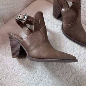 JustFab Tan Heeled Boots with Buckle Detail